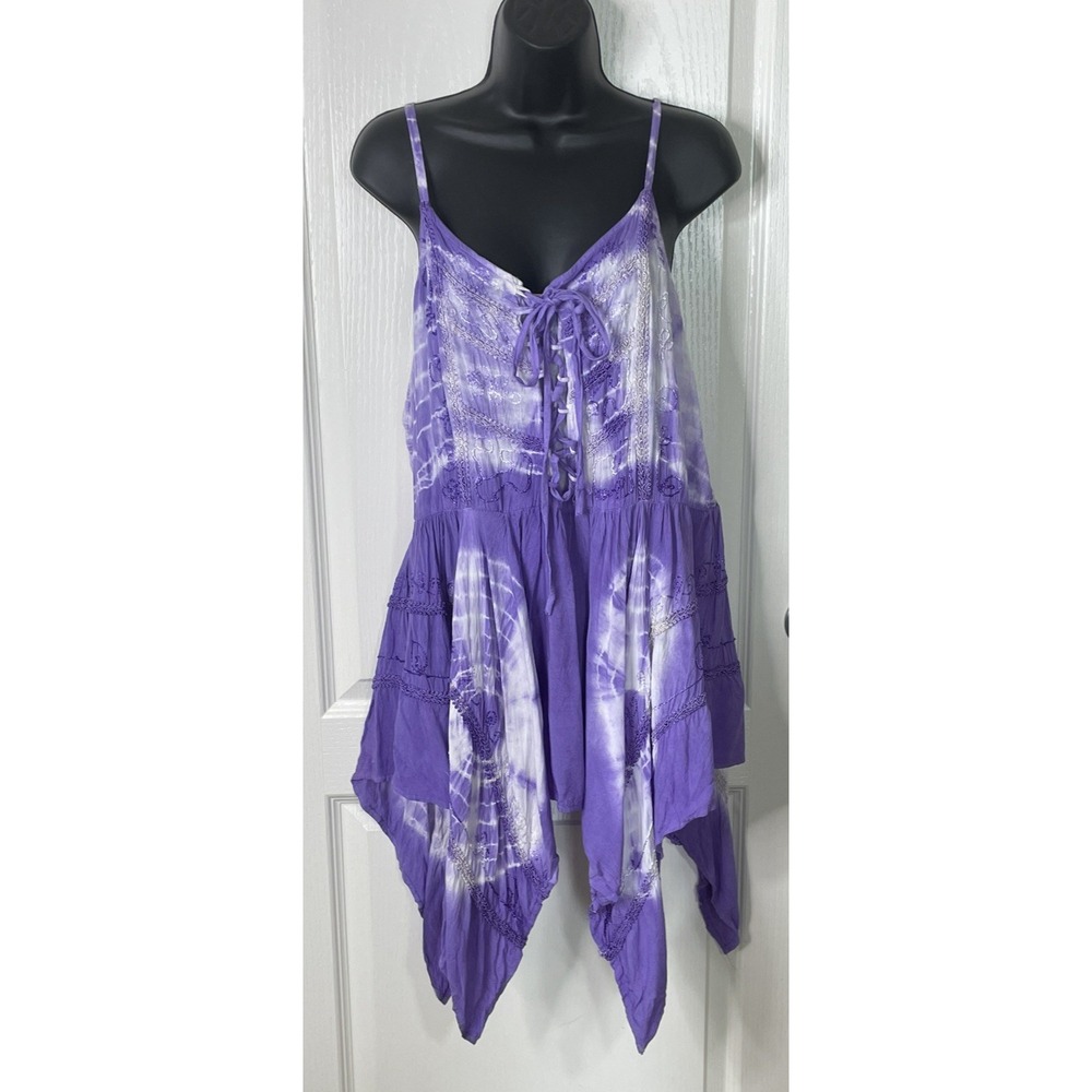 Fairy Tie Dye Boho Top XL Purple Tie Front Hanky Hem Ren Faire Festival Beach